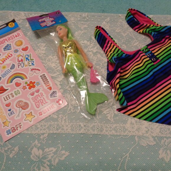 SWIM MERMAID DOLL ETC. LOT Other - GIRLHOODCORE BATHING SUIT TOP GIRL POWER STICKERS MERMAID DOLL LOT